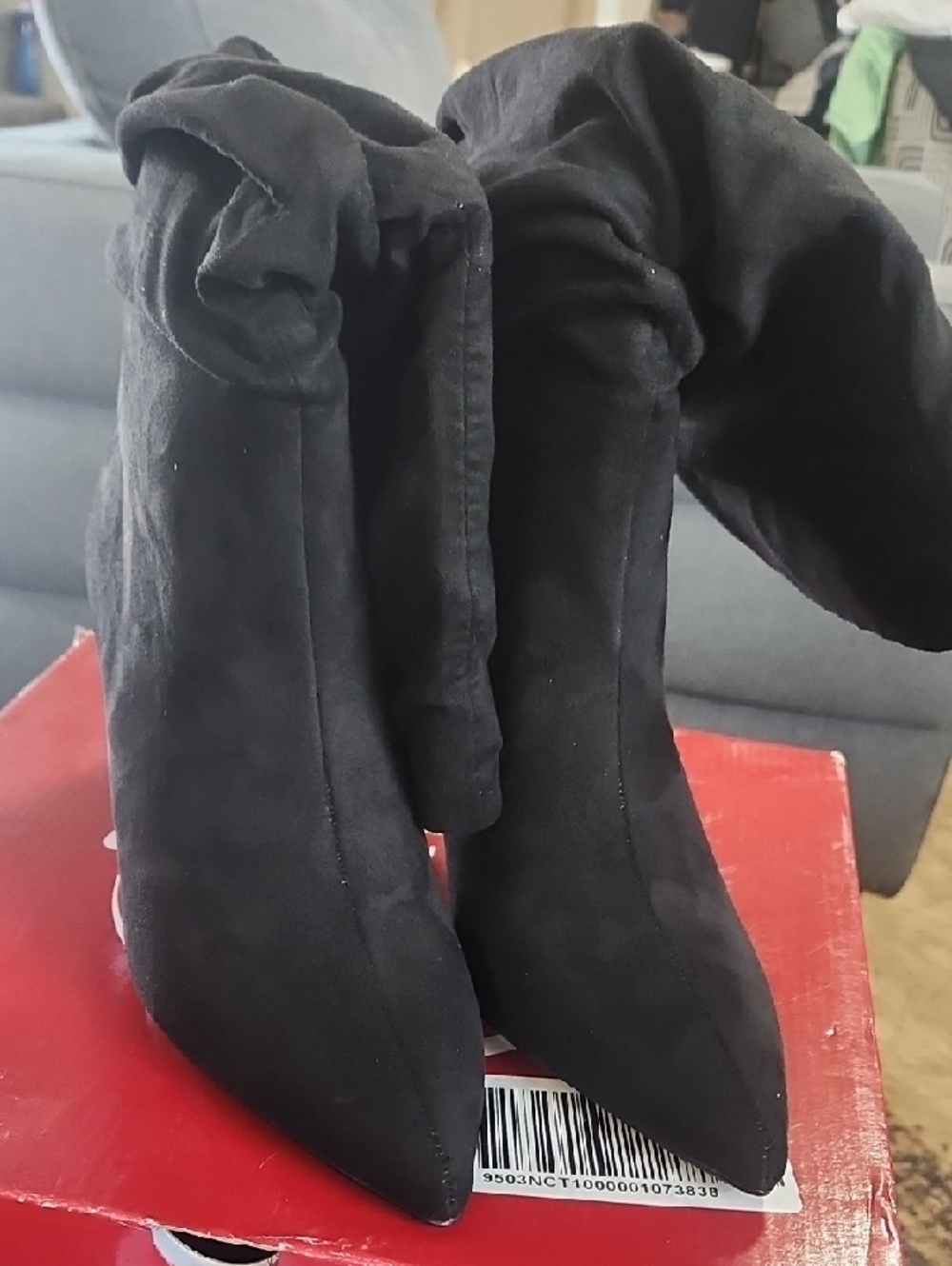 Journee Collection Black Slouchy Pointed Toe Mid-Calf Heeled Boots - Picture 3 of 10